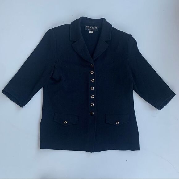 St John Marie Gray Womens 4 Jacket Black Gold Buttons Black Santana Knit Pockets - Picture 1 of 9